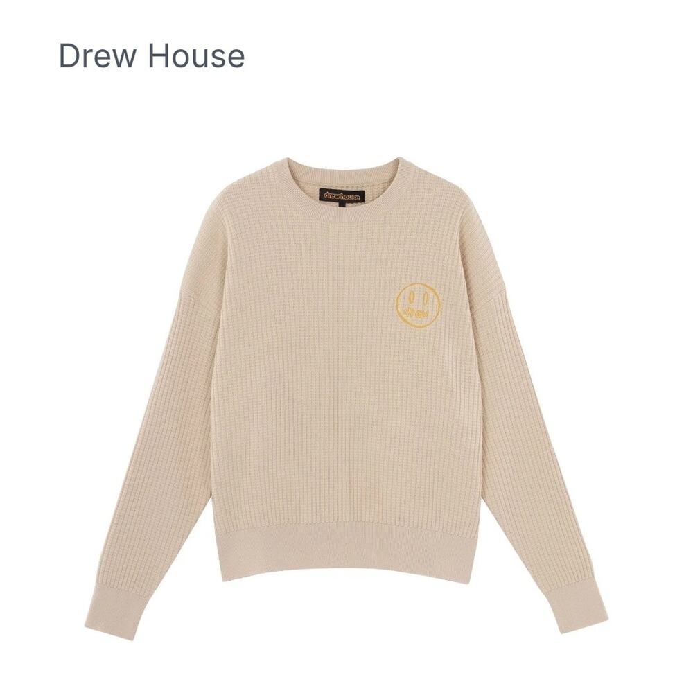 Drew House Size M Mascot Waffle Knit Cream Sweater Smiley logo 100% Cotton